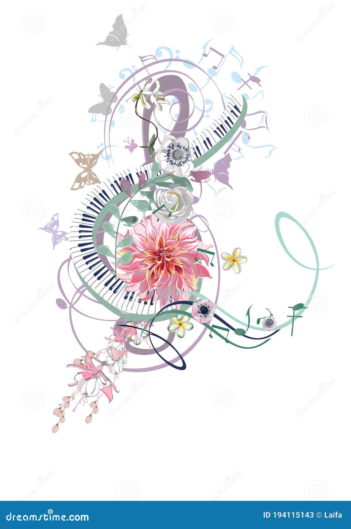 abstract treble clef decorated with summer and spring flowers, palm leaves, notes, birds.